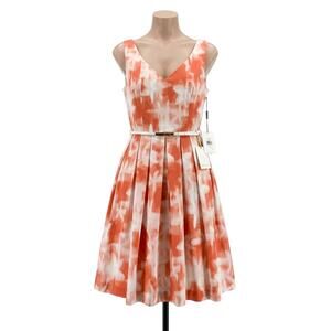 NWT Calvin Klein Size 10 Orange White Floral Pleated Belted Sleeveless Dress